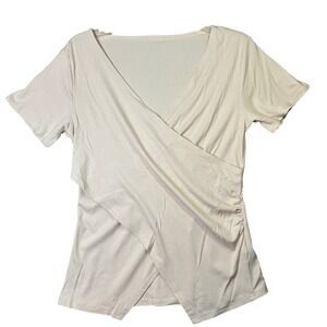 Micoson Ribbed Surplice Wrap Top Short Sleeve Ruched V-Neck Medium Beige NEW